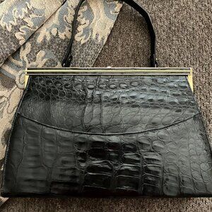 GENUINE ALLIGATOR 2pc Handbag & Coin Purse GOLD Tone Trim/Clasp; Vintage